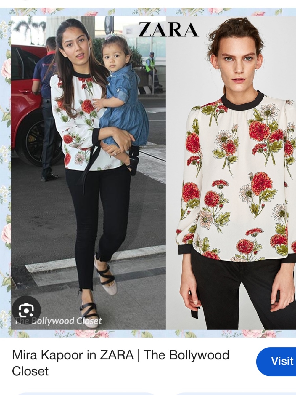 Zara, puff sleeves blouse with peonies flowers.